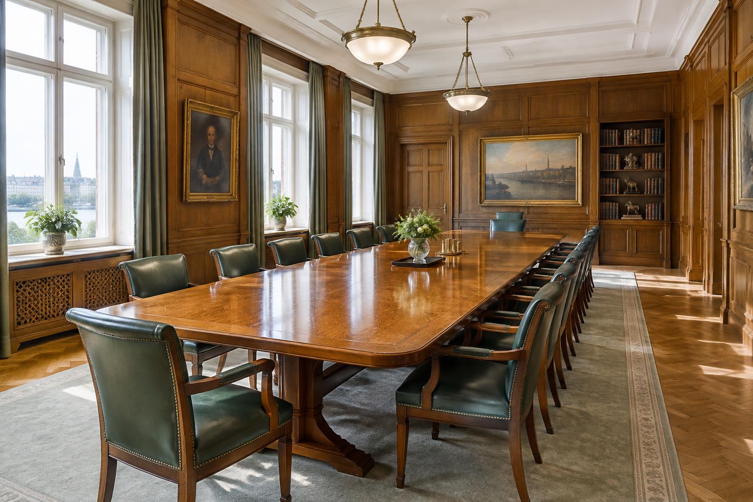 Classic company boardroom with a polished wooden table and green leather chairs
